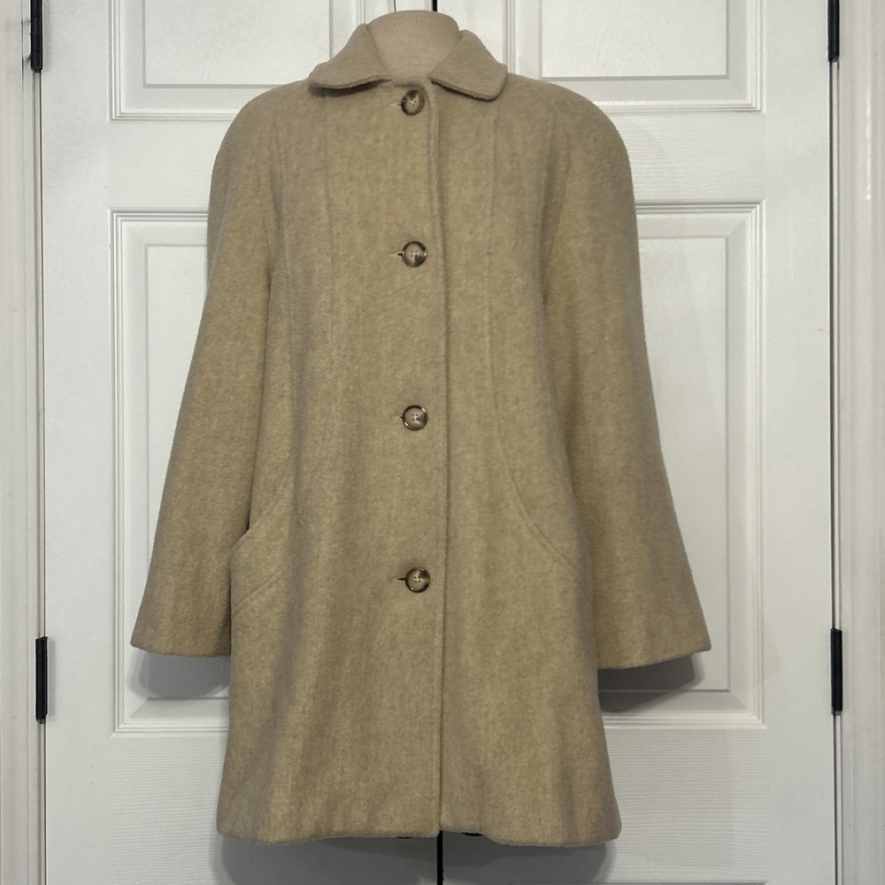 Herman Kay Wool Blend Jacket Car Coat Oatmeal Beige Mid-Length Button Up Vtg 8